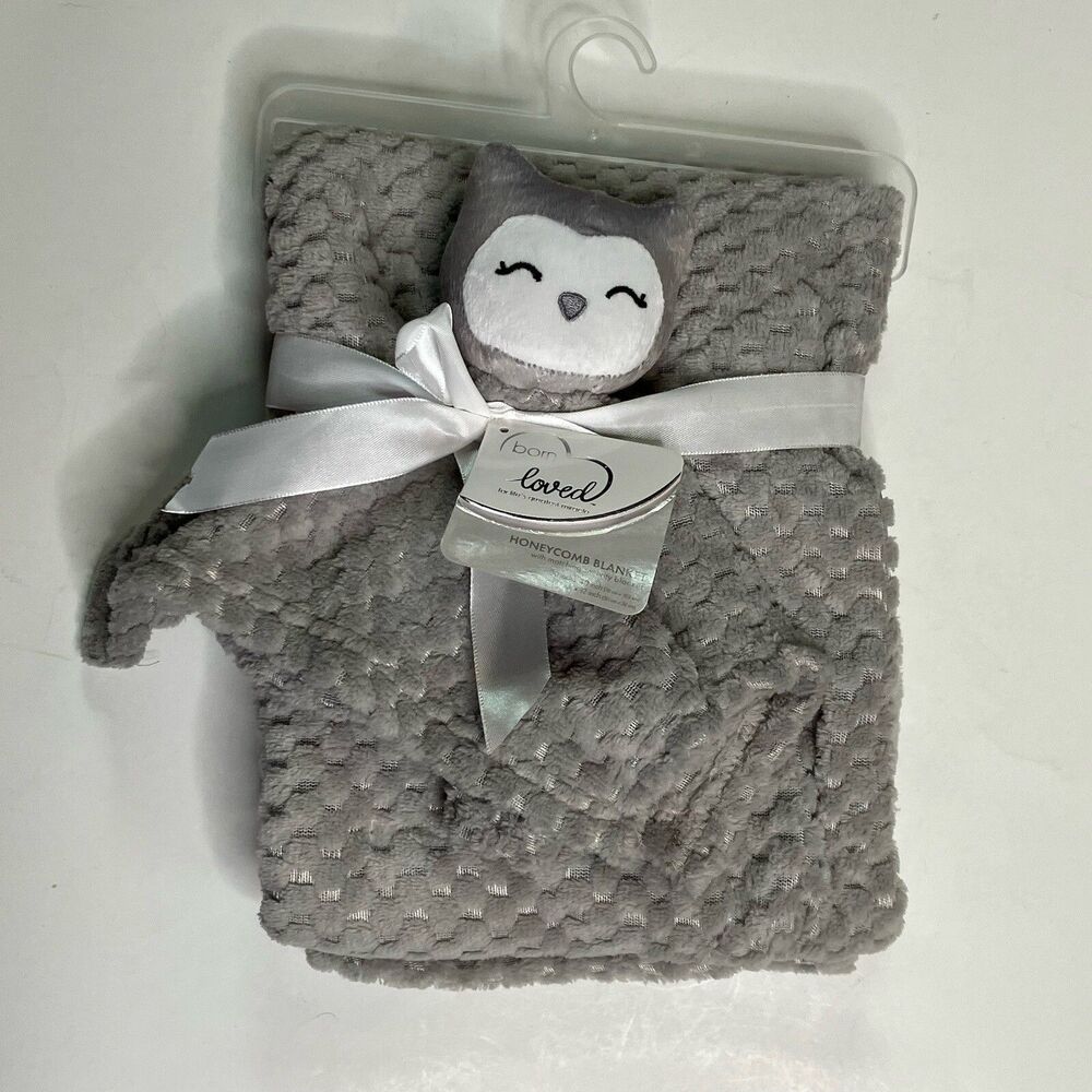 Born Loved Solid Gray Honeycomb Baby Blanket And Kitten Lovey Soft Plush Set